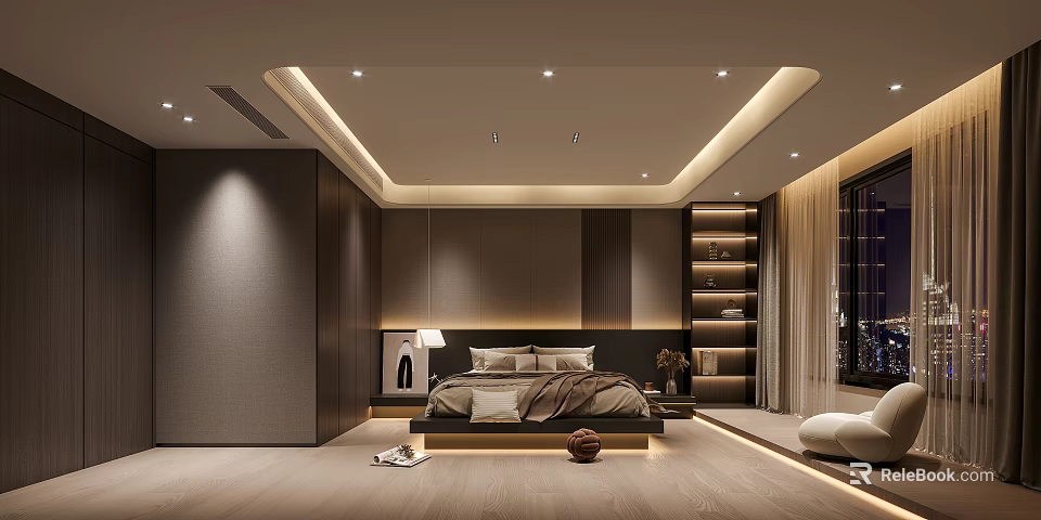 Modern Bedroom Interior Design With Large Bed Bedside Lighting Wooden Flooring And Storage Cabinets 3d model 