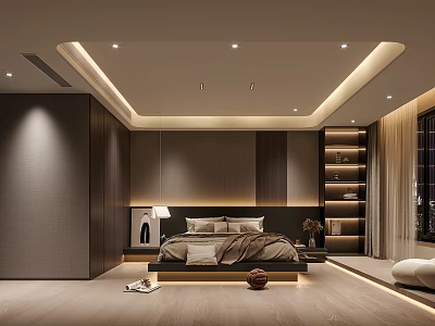 Modern Bedroom Interior Design With Large Bed Bedside Lighting Wooden Flooring And Storage Cabinets 3d model
