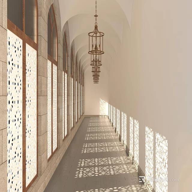 Elevator Hallway With Arched Windows Intricate Carved Walls Hanging Lanterns And Geometric Floor Patterns 3d model 
