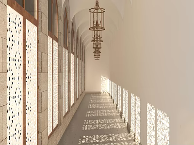 Elevator Hallway With Arched Windows Intricate Carved Walls Hanging Lanterns And Geometric Floor Patterns 3d model
