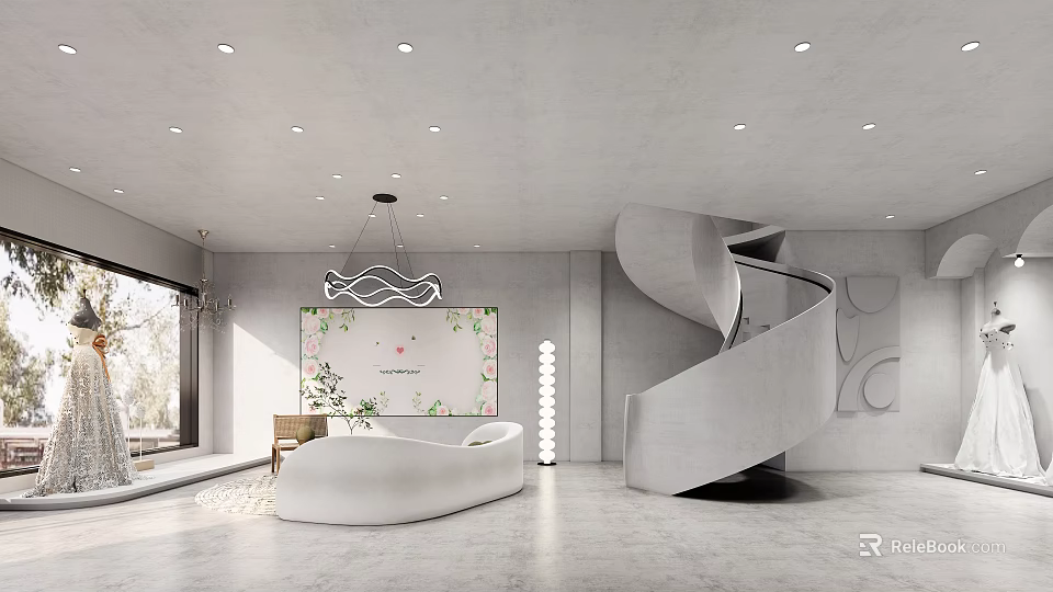 Modern Bridal Shop Interior with White Reception Desk Spiral Staircase Decorative Wall Art and Chandelier 3d model 