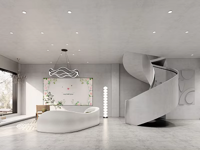 Modern Bridal Shop Interior with White Reception Desk Spiral Staircase Decorative Wall Art and Chandelier 3d model