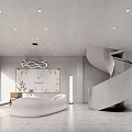 Modern Bridal Shop Interior with White Reception Desk Spiral Staircase Decorative Wall Art and Chandelier
