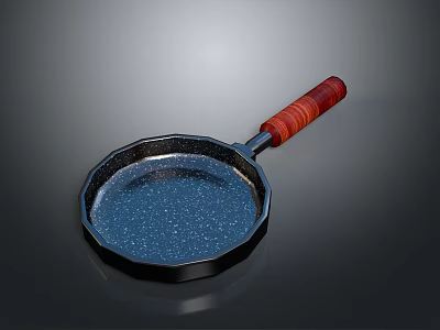 Octagonal Black Speckled Frying Pan With Red Wooden Handle For Home Kitchen 3d model