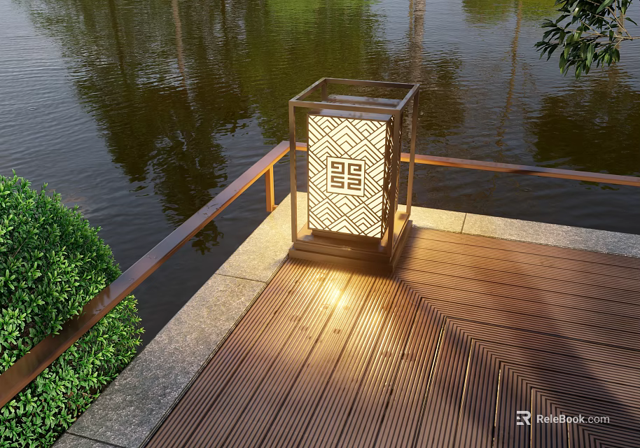 Outdoor Lantern Light with Square Pattern Design on Wooden Waterfront Deck 3d model 