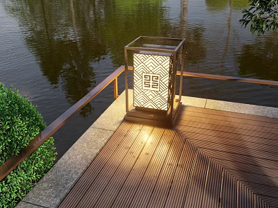 Outdoor Lantern Light with Square Pattern Design on Wooden Waterfront Deck 3d model