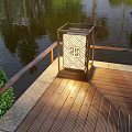 Outdoor Lantern Light with Square Pattern Design on Wooden Waterfront Deck
