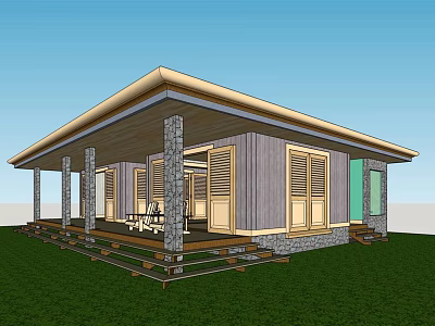 Modern Single Family Home With Spacious Porch Columns And Green Lawn 3d model
