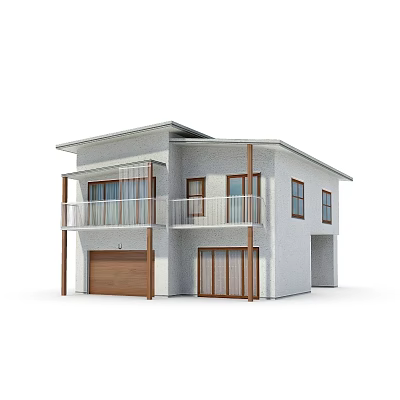Modern Villa Balcony With Wooden Railings And White Exterior Walls Outdoor Space 3d model