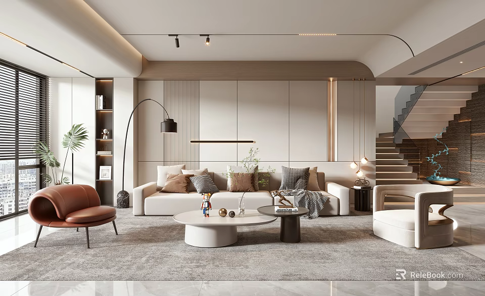 Modern Living Room Interior With Beige Sofa Brown Armchair And Minimalist Wall Design 3d model 
