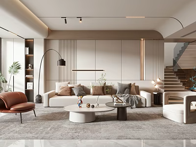 Modern Living Room Interior With Beige Sofa Brown Armchair And Minimalist Wall Design 3d model