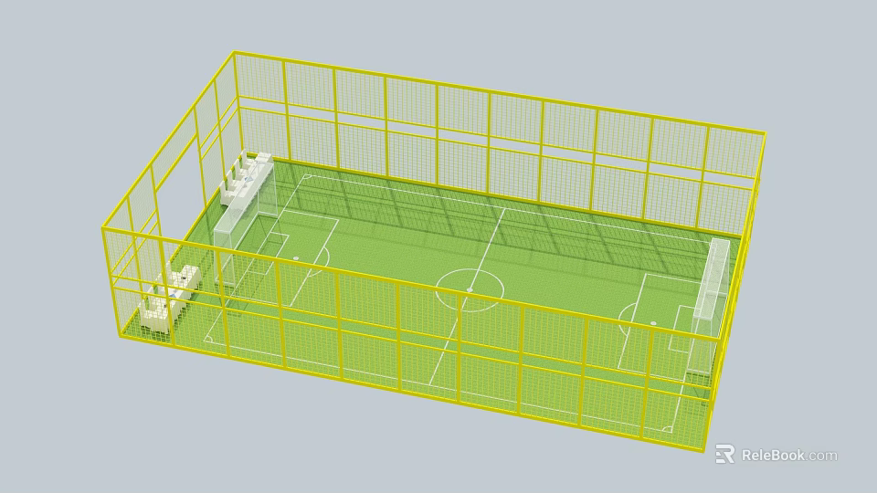 Yellow Fenced Football Field With Green Turf White Seats And Goalposts 3d model 