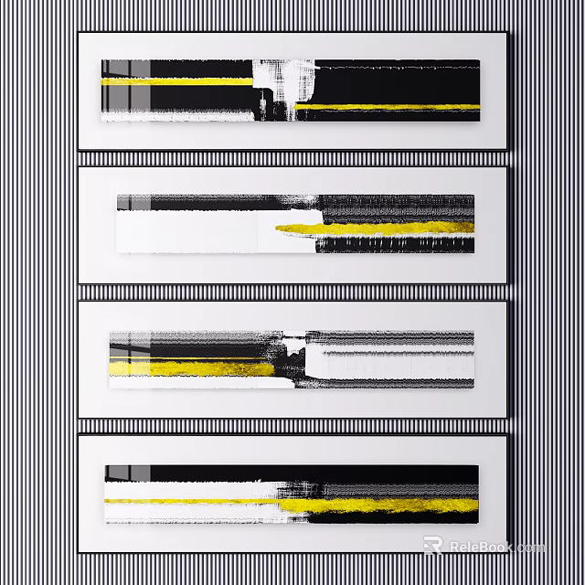 Four Decorative Paintings With Black Yellow Lines And Gray Striped Background 3d model 