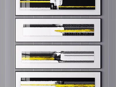 Four Decorative Paintings With Black Yellow Lines And Gray Striped Background 3d model