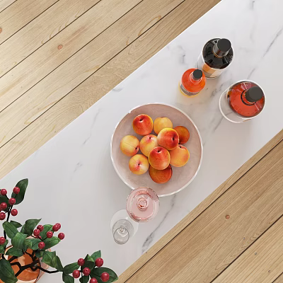 Decorative Ornament Set Featuring Peaches Drink Bottles Wine Glasses Red Berry Plant On Marble Countertop 3d model