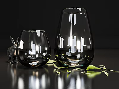 Elegant Glass Vases Rabbit Figurine And Green Leaves Decorative Combination On Black Tabletop 3d model