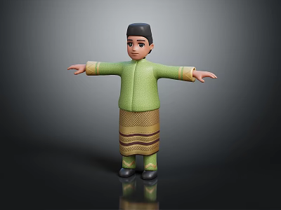 Traditional Outfit Character With Green Shirt Striped Skirt Black Hat And Black Shoes Standing 3d model