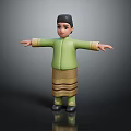 Traditional Outfit Character With Green Shirt Striped Skirt Black Hat And Black Shoes Standing