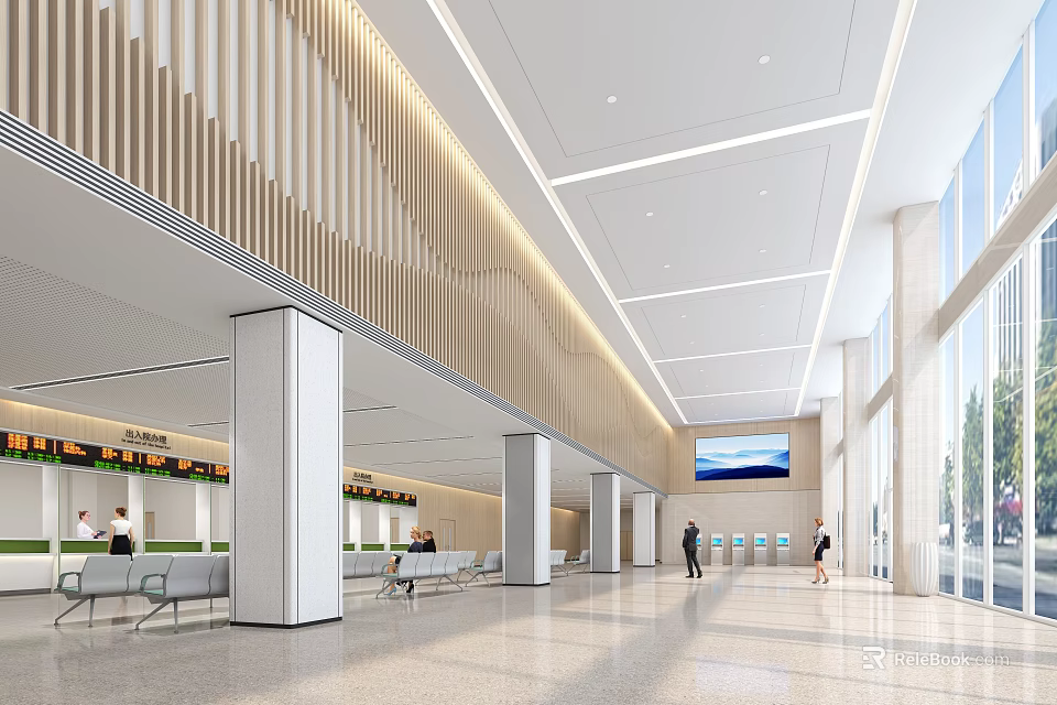 Modern Hospital Outpatient Clinic Waiting Area With Seats Information Desk And Bright Windows 3d model 