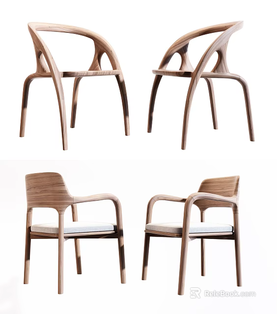 Elegant Wooden Dining Chairs With Curved Legs Armrest And Armless Upholstered Seats 3d model 