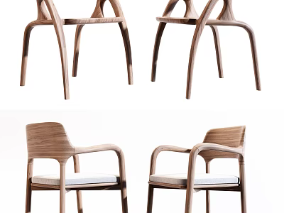 Elegant Wooden Dining Chairs With Curved Legs Armrest And Armless Upholstered Seats 3d model