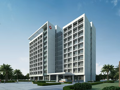 Modern Hospital Building Exterior With Large Windows Palm Trees And Plaza Area 3d model