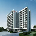 Modern Hospital Building Exterior With Large Windows Palm Trees And Plaza Area