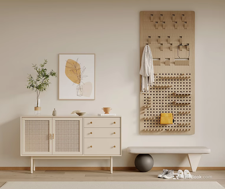 Entryway Console Table With Rattan Door Drawer And Pegboard Hanging Coat Green Plant Decorative Painting 3d model 