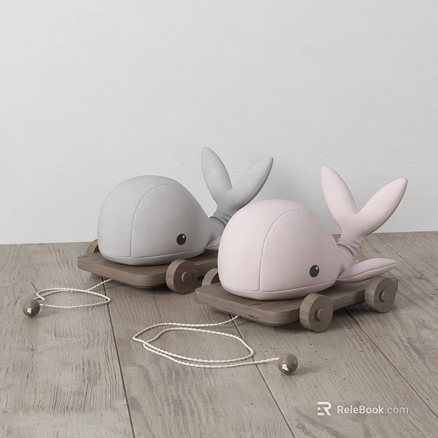 Cute Stuffed Whale Dolls on Wooden Wheels with Gray and Pink Design 3d model 