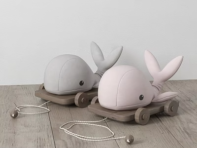 Cute Stuffed Whale Dolls on Wooden Wheels with Gray and Pink Design 3d model
