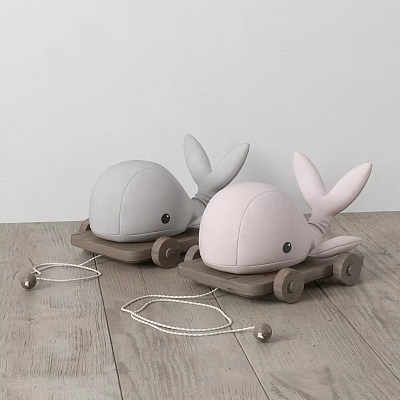Cute Stuffed Whale Dolls on Wooden Wheels with Gray and Pink Design 3d model