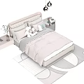 Modern Double Bed Interior With Upholstered Headboard Light Bedspread Pillows Nightstand And Pendant Lights