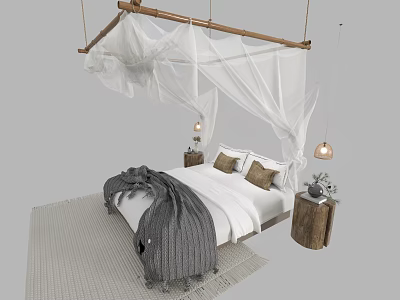 Double Bed With White Mosquito Net Gray Blanket Brown Pillows Wooden Nightstands And Hanging Lamps 3d model