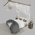 Double Bed With White Mosquito Net Gray Blanket Brown Pillows Wooden Nightstands And Hanging Lamps