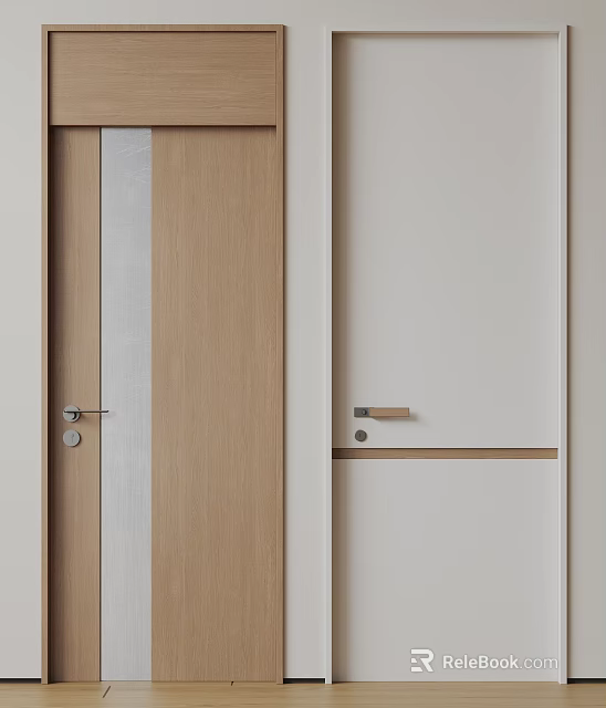 Modern Wooden Hinged Door With Light Colored Panel And Decorative Strip 3d model
