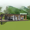 Modern Detached Villa on Hillside Lawn with Large Glass Windows and Trees