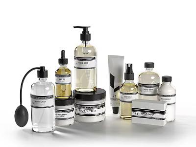 Modern Bathroom Accessories with Clear Bottles Pump Dispensers Jars Tubes Minimalist Design Black White Labels 3d model