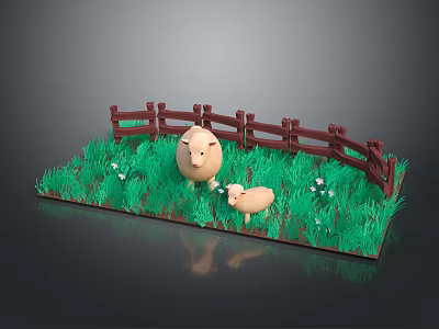 Miniature Farm Scene With Green Grass Wooden Fence Sheep And Small White Flowers 3d model