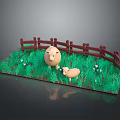Miniature Farm Scene With Green Grass Wooden Fence Sheep And Small White Flowers