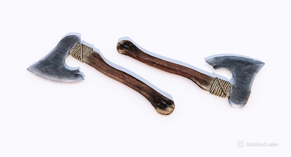 Two Traditional Axes as Weapons with Metal Blades Wooden Handles and Braided Details 3d model 