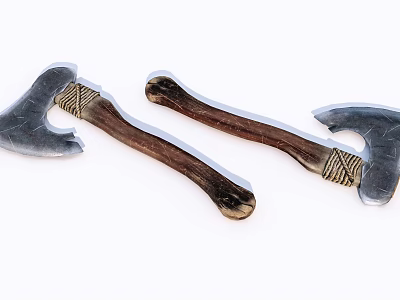 Two Traditional Axes as Weapons with Metal Blades Wooden Handles and Braided Details 3d model