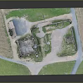 Modern Scale Model of Ancient Stone Building with Enclosure Green Lawn and Pathway