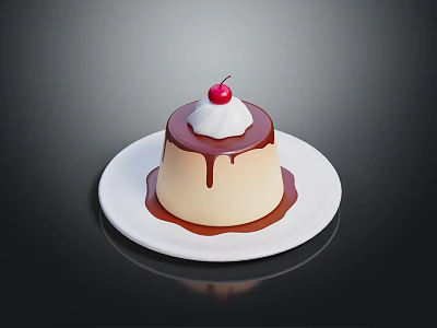 Delicious Smooth Cream Dessert Topped With Whipped Cream Cherry And Chocolate Sauce On White Plate 3d model