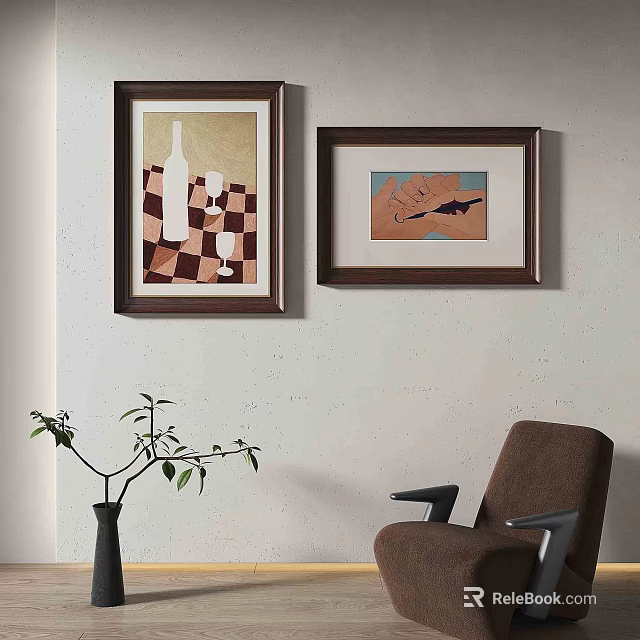 Two Abstract Paintings With Brown Frames Hanging On White Wall In Room 3d model