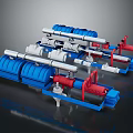 Red And Blue Industrial Mechanical Equipment With Pipes And Multiple Units