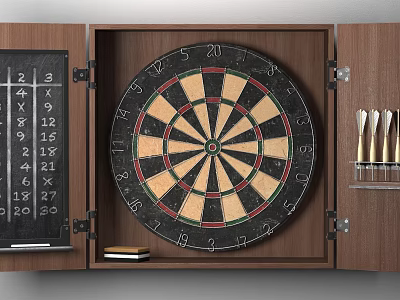 High Quality Dartboard Set with Darts and Scoreboard in Wooden Cabinet 3d model