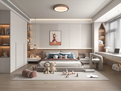Modern Kids Room Interior With Bed Toys Bookshelf Desk And Decorative Painting 3d model