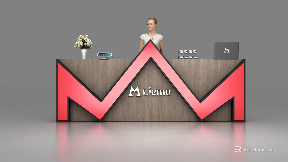 Modern Wooden Reception Desk With Red Geometric Design Miemu Logo And Office Essentials 3d model 