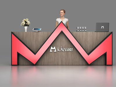 Modern Wooden Reception Desk With Red Geometric Design Miemu Logo And Office Essentials 3d model