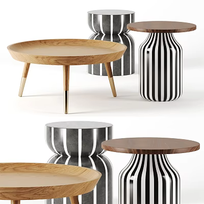 Stylish Round Coffee Tables With Wooden Tops And Black White Striped Bases 3d model